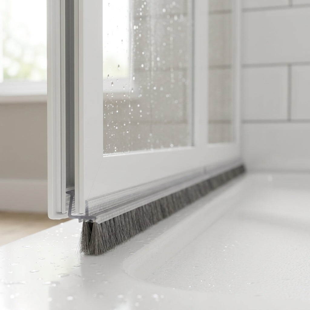 Brush seal with 7mm T backing and 10mm bristles bridging the gap under a bifold shower door