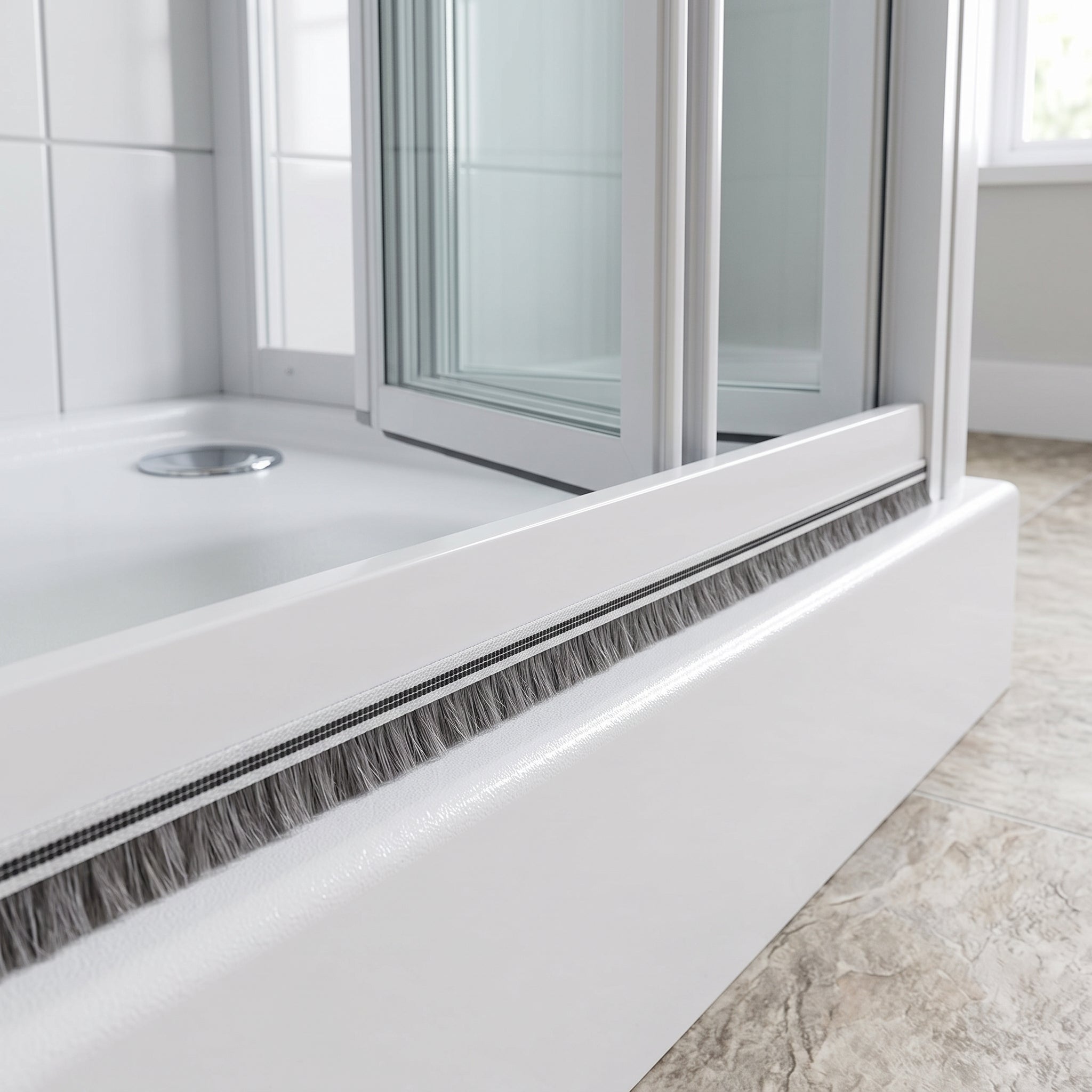 Grey 10mm brush seal running the full width under a bifold shower door bottom rail