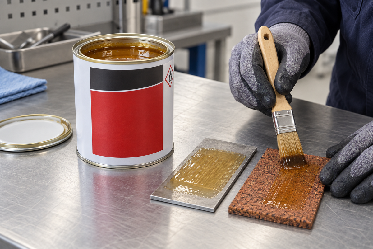 Illustrative workshop application of amber brushable industrial contact adhesive from a one-litre metal can