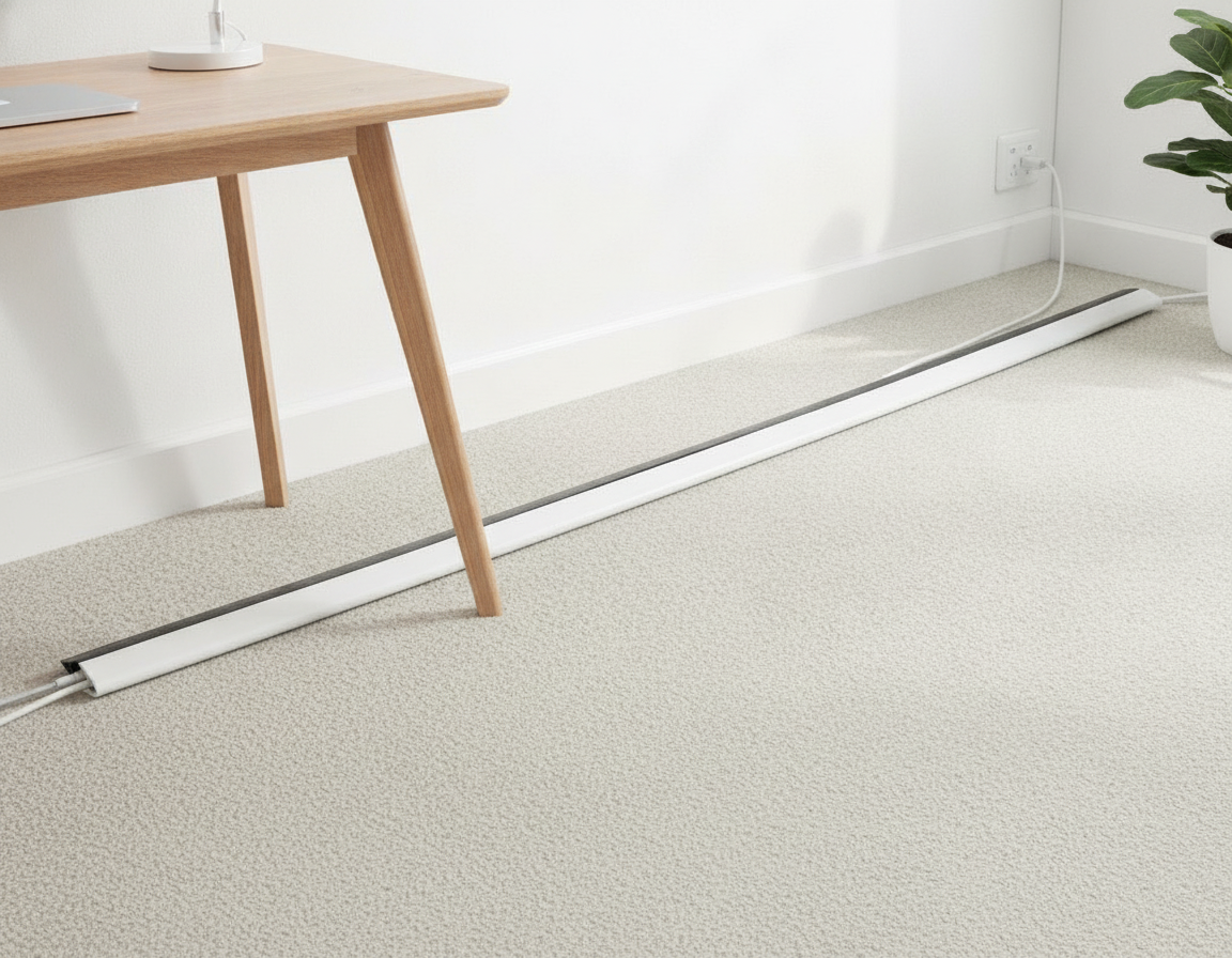 White self-adhesive floor cable cover running from a desk leg to a wall socket on light carpet