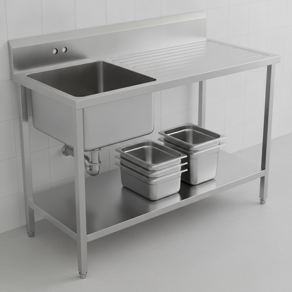 1000mm stainless steel commercial single bowl catering sink with right-hand drainer installed in a commercial kitchen, plumbed in against a tiled splashback with an open undershelf below