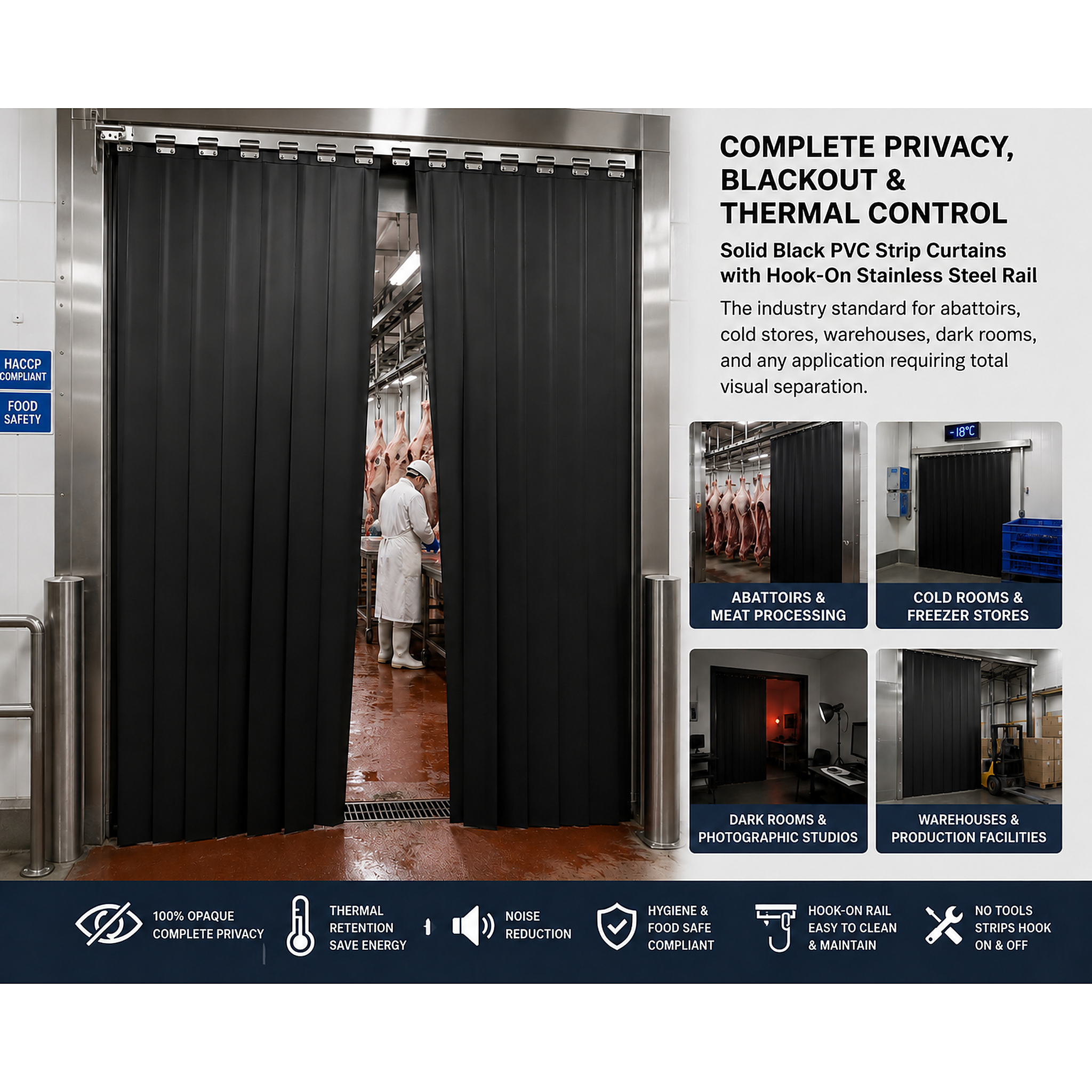 Solid Black PVC Strip Curtains | Complete Kit | Abattoir, Cold Store, Dark Room & Privacy | Hook-On Rail | UK Made