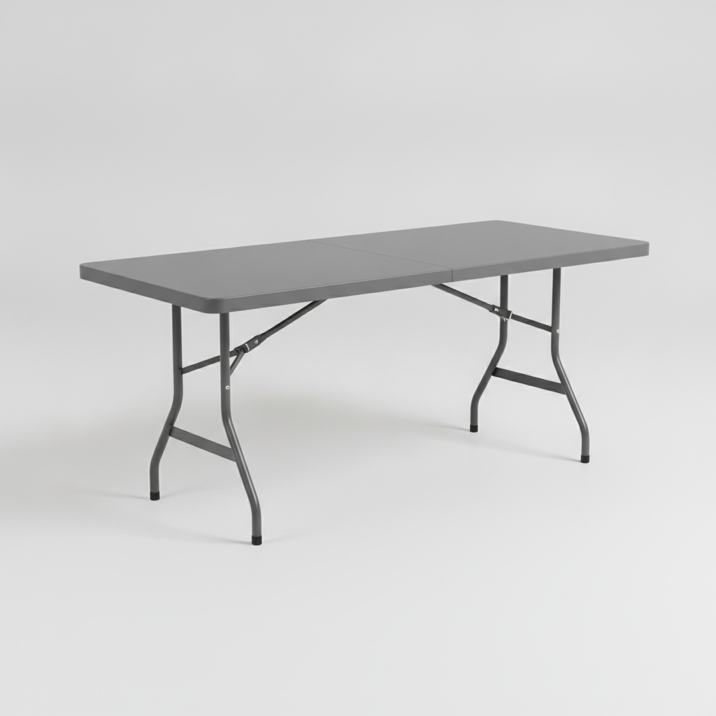 Grey 6ft rectangular contract folding table (1830 x 760mm) unfolded and standing on its powder-coated steel legs, ready for use in a school hall, community centre or event setting