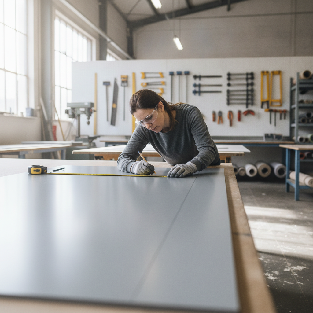 Fabricator marking and cutting grey rigid PVC sheet on workshop bench