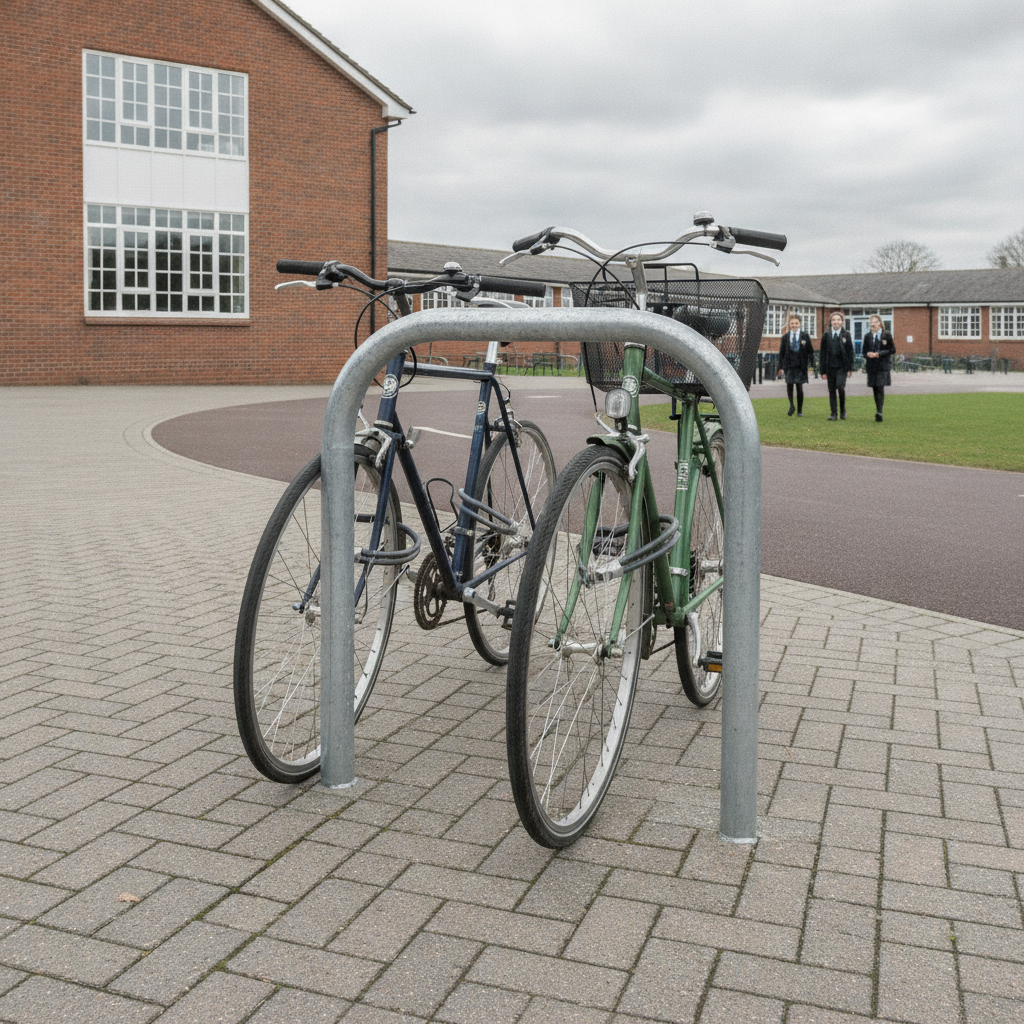 Galvanised steel Sheffield-style cycle stand installed on a school playground, with two bicycles locked to the hoop by their frames and wheels, brick school building behind