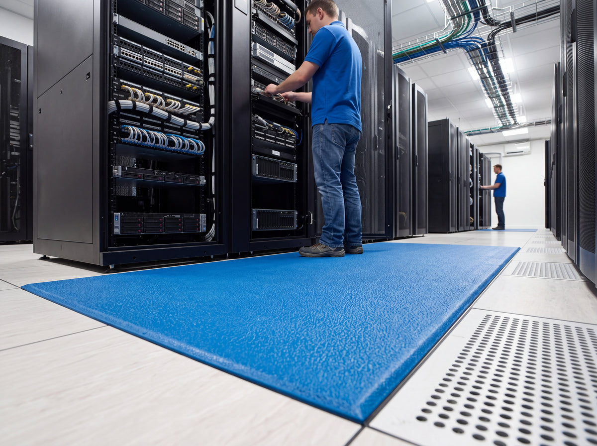 Blue static-dissipative anti-fatigue matting laid in a data centre cold aisle in front of a server rack