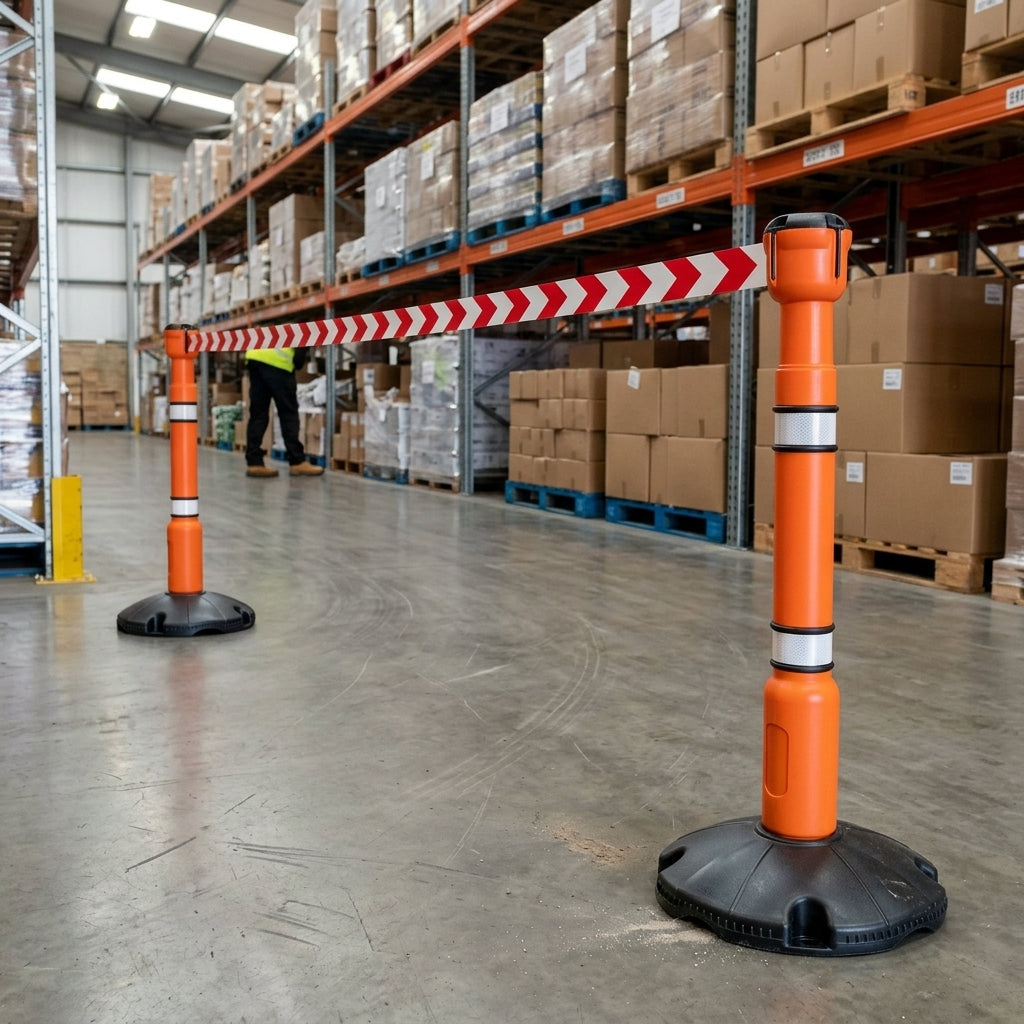 Retractable Barrier Post with Fillable Base and Reflective Strips