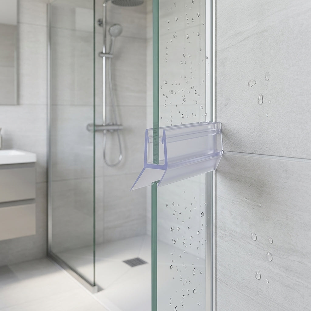 Vertical shower screen seal installed on glass door edge - Vertical Shower Screen Seal - Fits 4-6mm Glass - Fin Depth of 10mm, 11mm, 12mm, 13mm, 14mm or 15mm