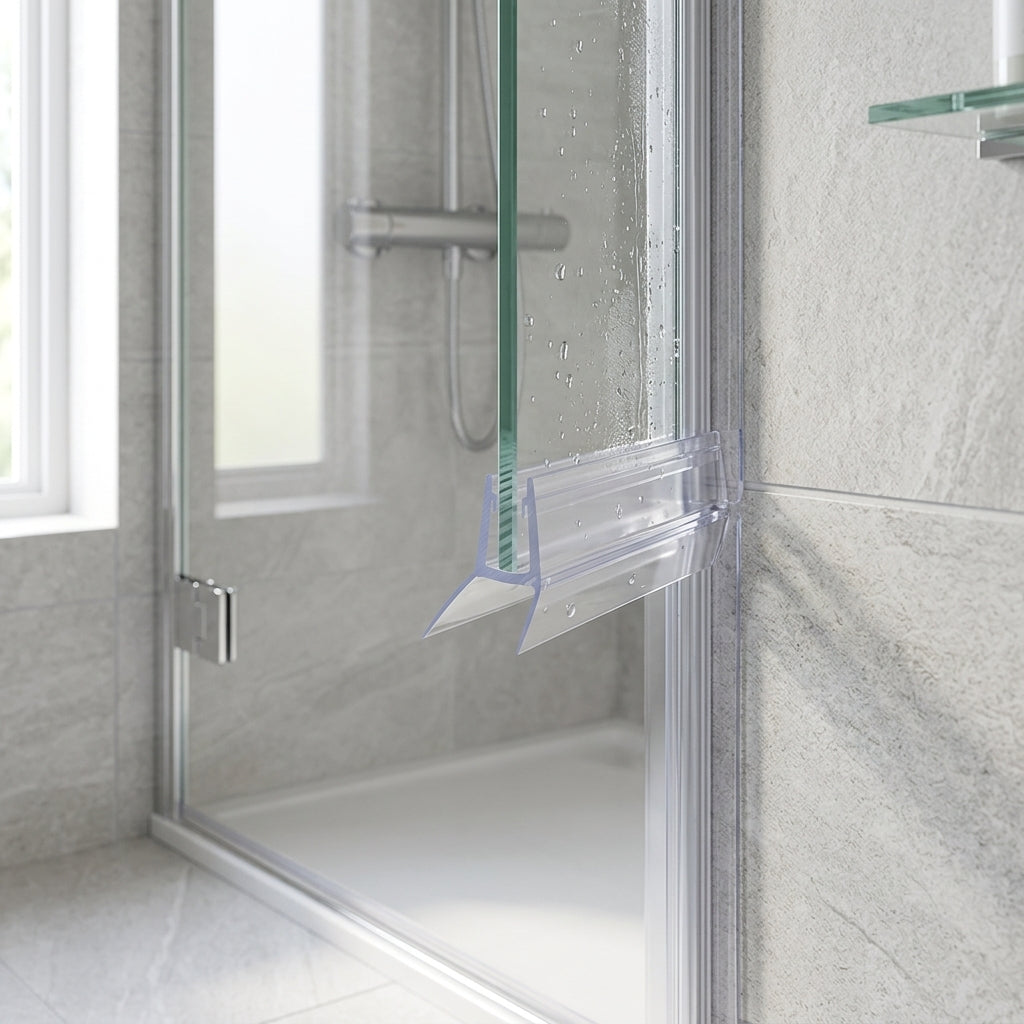 Vertical shower screen seal installed on glass door edge - Vertical Shower Screen Seal - Fits 8-10mm Glass - Fin Depth of 10mm to 15mm