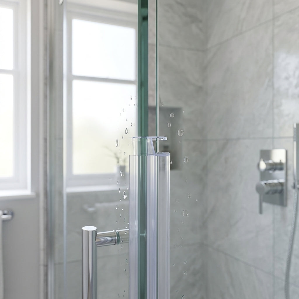 Vertical shower screen seal installed on glass door edge - Vertical Shower Screen Seal - Fits 4-6mm Glass - Fin Depth of 8mm, 15mm, 20mm, 25mm or 35mm