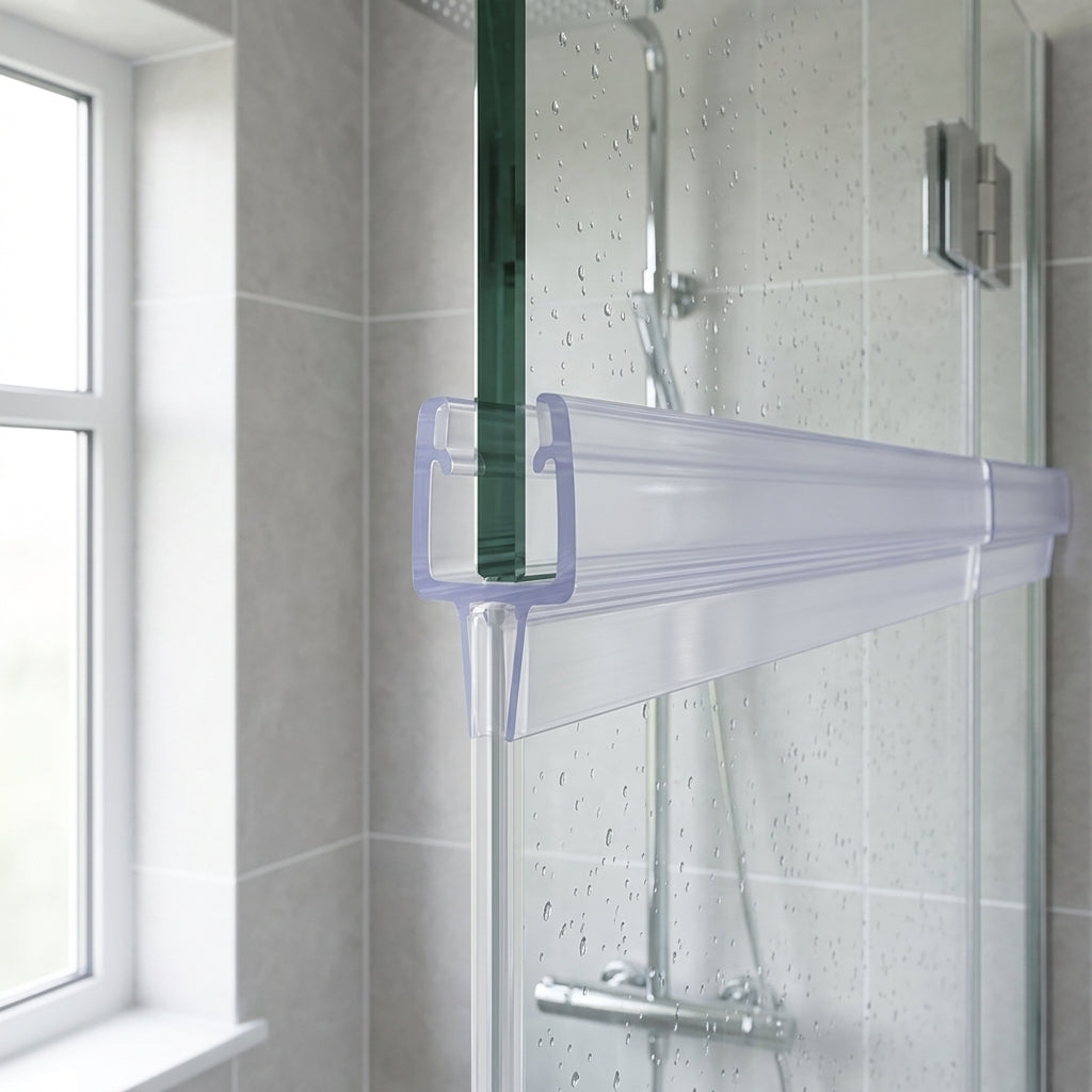Vertical shower screen seal installed on glass door edge - Vertical Shower Screen Seal - Fits 8-10mm Glass - Fin Depth of 15mm