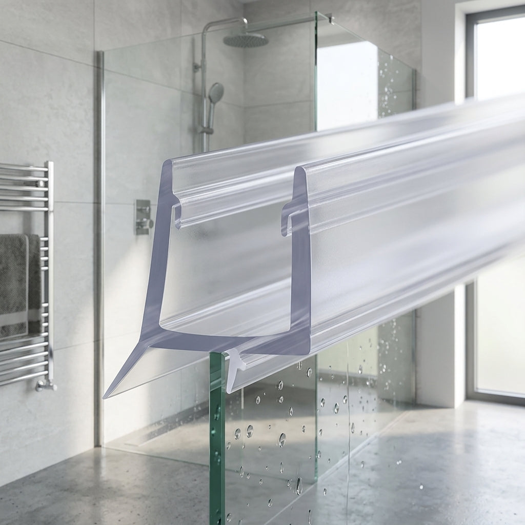 Vertical shower screen seal installed on glass door edge - Vertical Shower Screen Seal - Fits 8-10mm Glass - Rigid Fin - 900-2000mm
