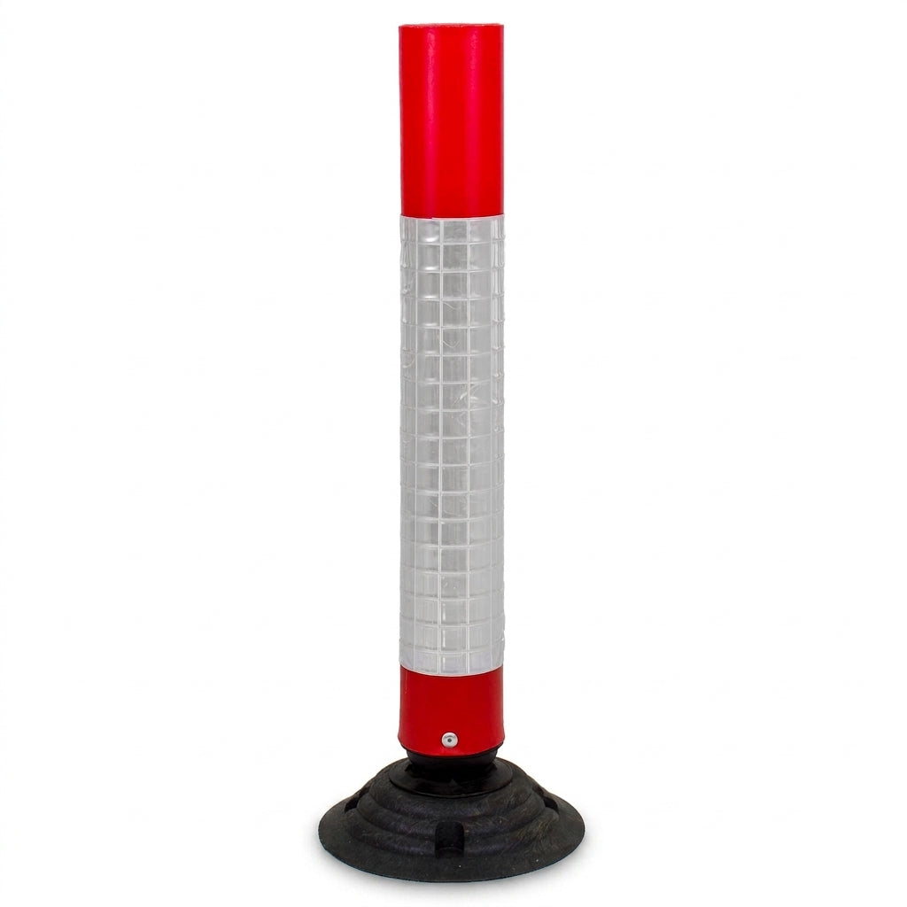 Red and white flexible traffic delineator post with reflective sleeve and black rubber base, on a white background