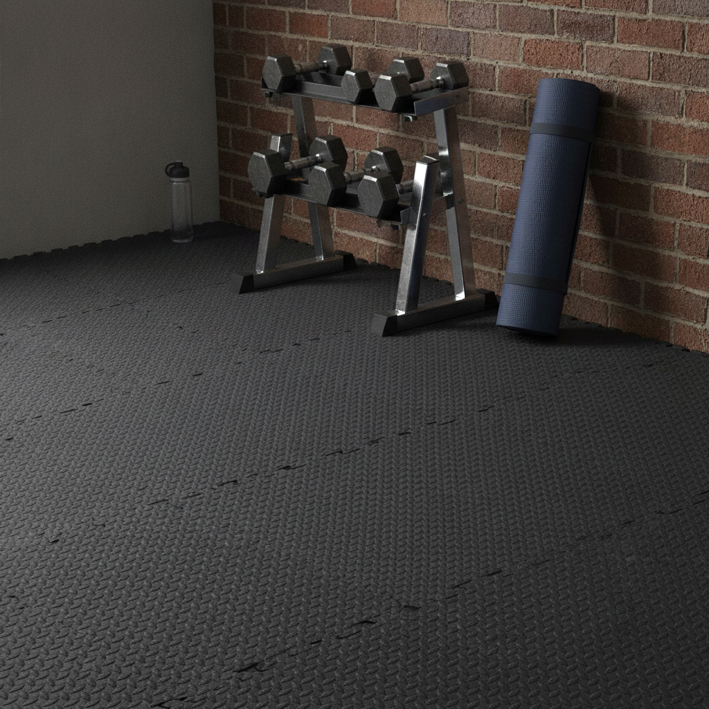 Black diamond-plate interlocking EVA foam floor tiles fitted in a home gym corner with a dumbbell rack and rolled yoga mat