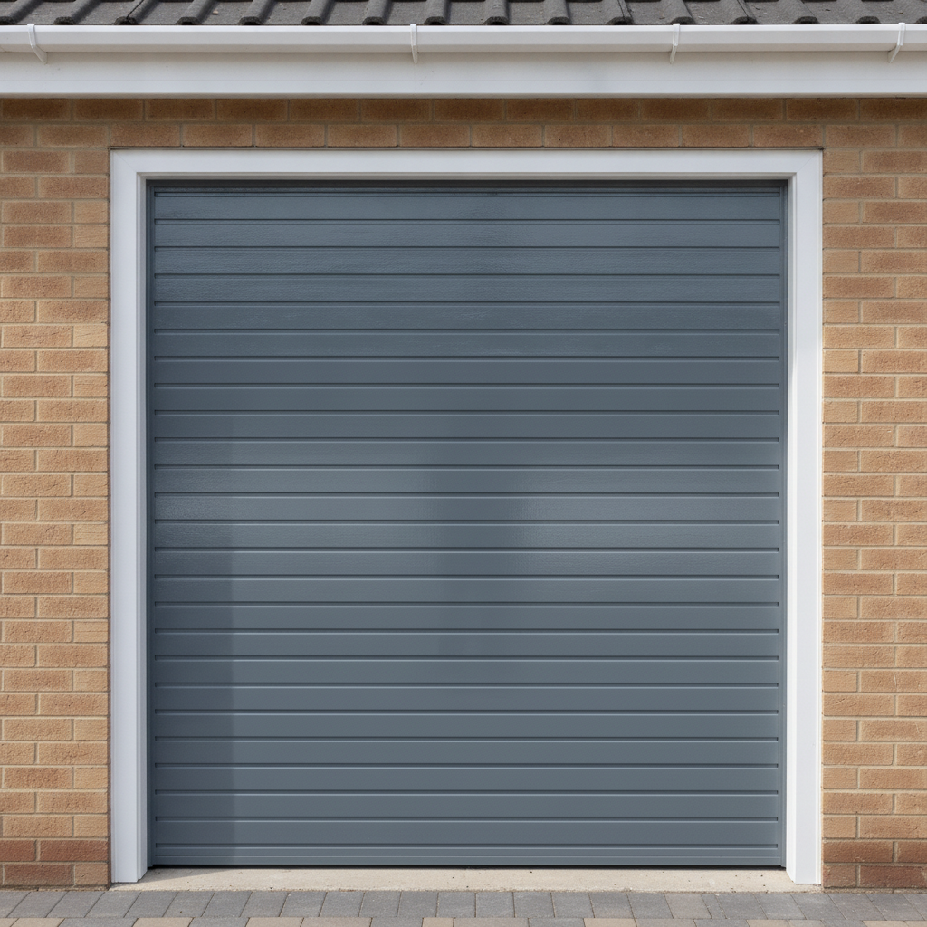 Mid grey gloss paint freshly applied to an up-and-over garage door on a UK house