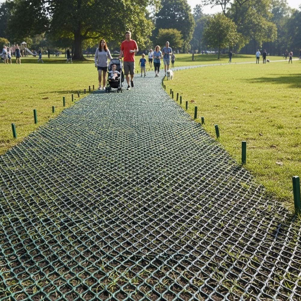 grass protection mesh installed as walkway in public park