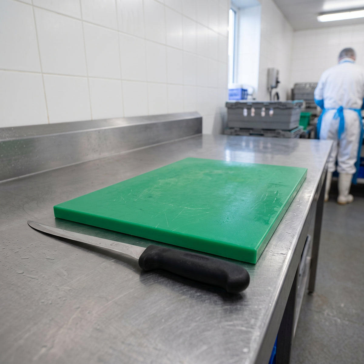 Green polyethylene board on a stainless steel table in a food processing room, filleting knife alongside, worker behind