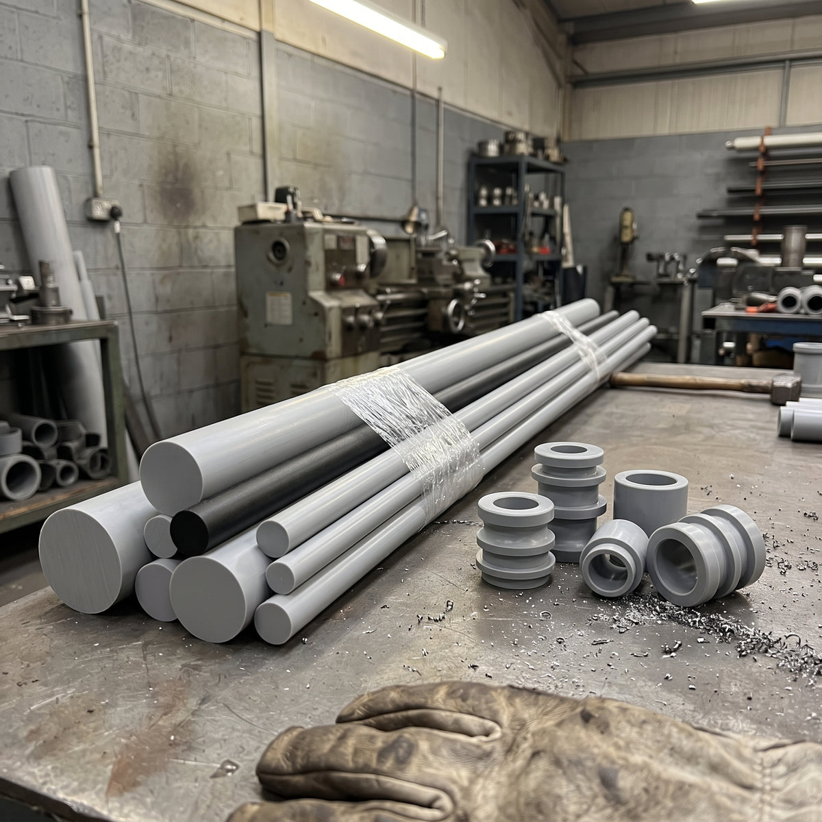 Bundle of grey and black PVC rods on a steel bench in a fabrication workshop with turned grey PVC bushes beside them
