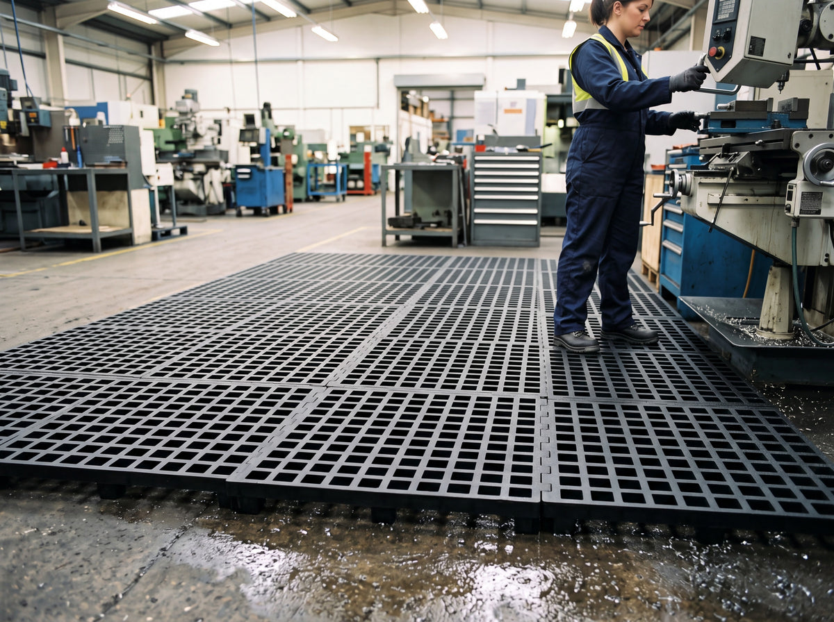 Black interlocking open-grid floor tiles forming a raised drained platform on a wet workshop floor