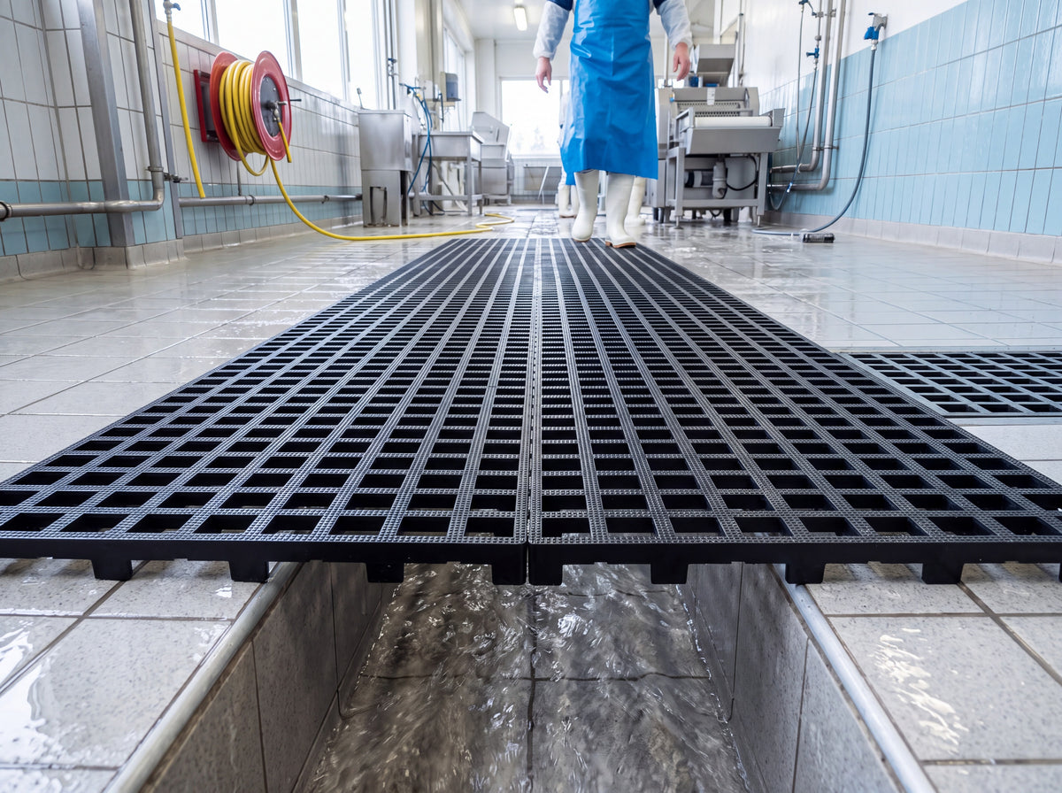 Open-grid tiles bridging a drainage channel in a food production wash-down area with water running beneath