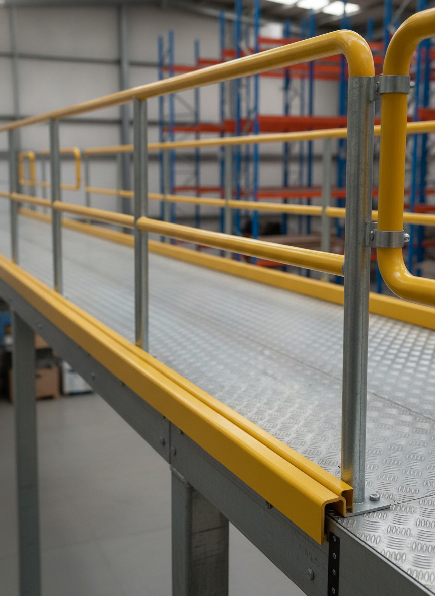 Yellow GRP kick plate toe board fitted along the edge of a warehouse mezzanine platform guardrail