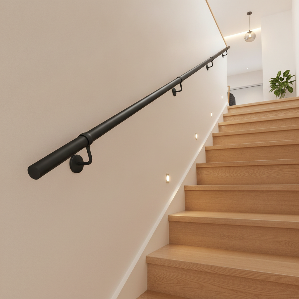 Matt black wall-mounted stair handrail installed along a modern wooden staircase hallway