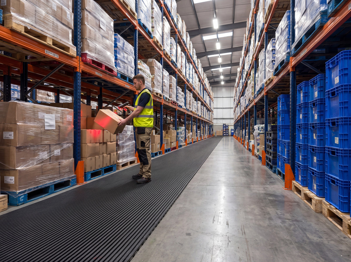 Anti-fatigue matting laid as a walkway runner down a warehouse pick-face aisle
