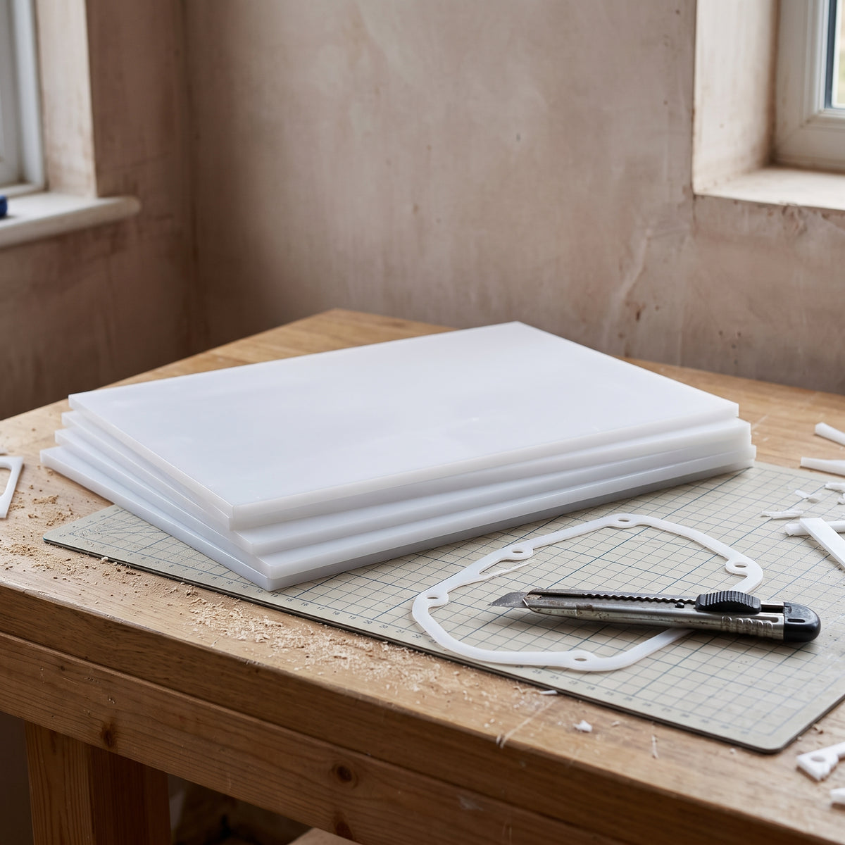 Stack of thin natural white HDPE sheets on a workbench with a gasket cut from one and a craft knife on a cutting mat