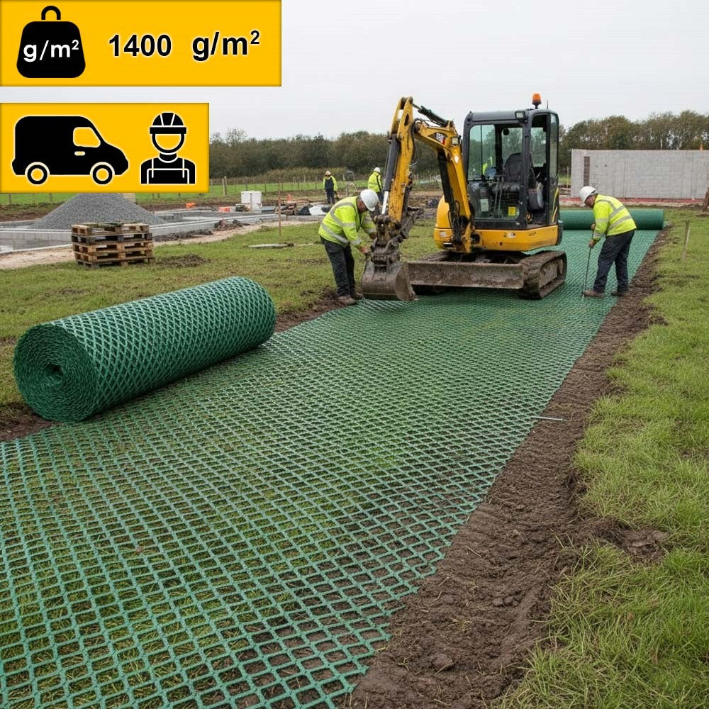 heavy duty turf saver mesh installation process on construction ground