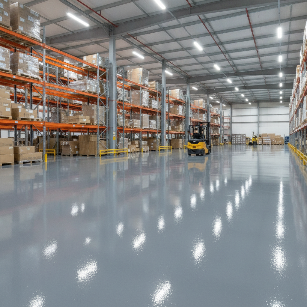 Grey industrial polyurethane floor paint applied to a UK warehouse floor with pallet racking and forklift