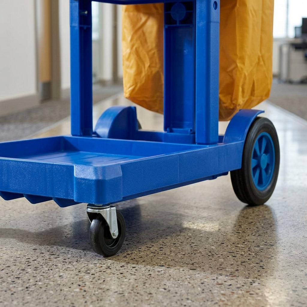 Close-up of the blue janitorial trolley's bottom tray, 75mm front swivel castor and 200mm rear wheel on a polished commercial floor