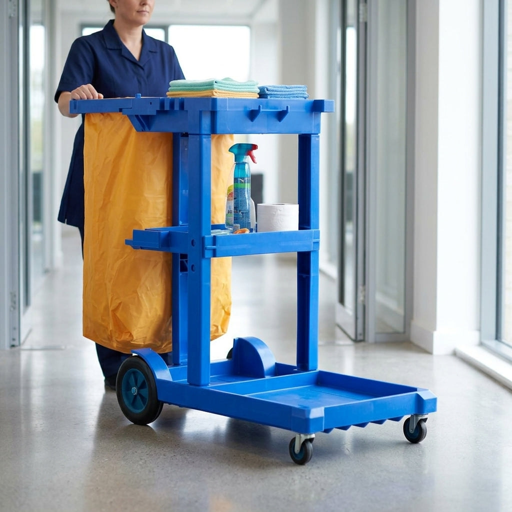 Blue plastic janitorial cleaning trolley with yellow PVC waste sack being used by a cleaning operative in a commercial office corridor