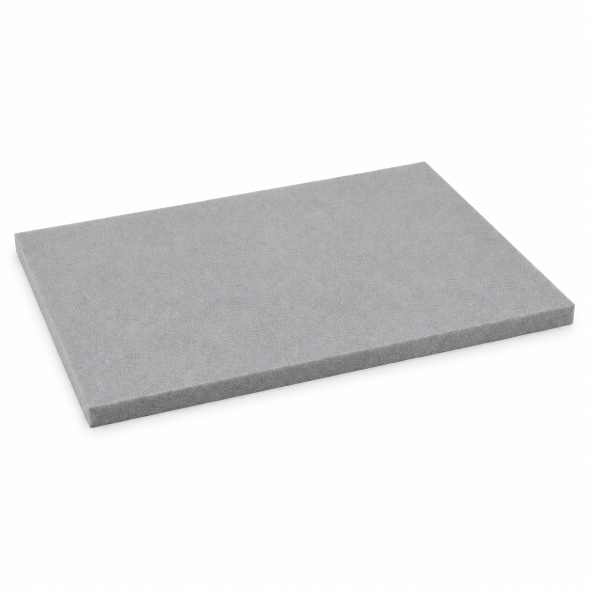 Grey LDPE foam sheet angled on white, finely speckled closed-cell face above a square-cut edge