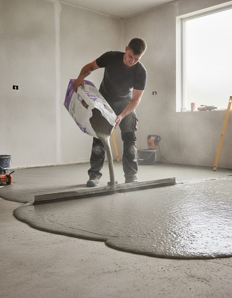 Tradesperson pouring and spreading grey self-levelling floor compound across a concrete subfloor with a smoothing trowel in a garage renovation