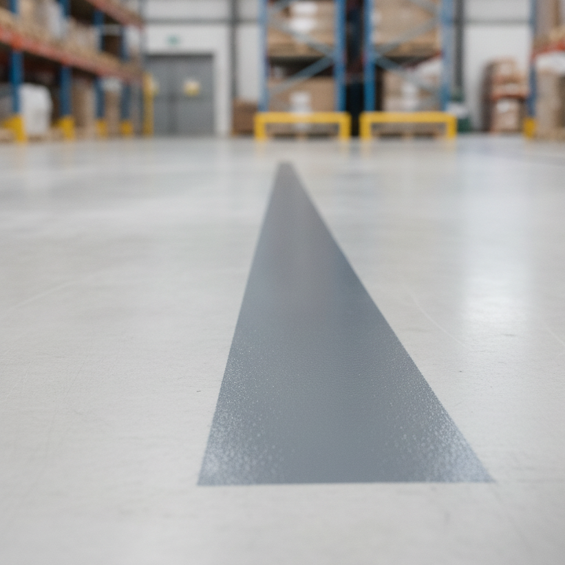 Grey oil-based line marking paint freshly painted as a pedestrian walkway line on a UK warehouse concrete floor