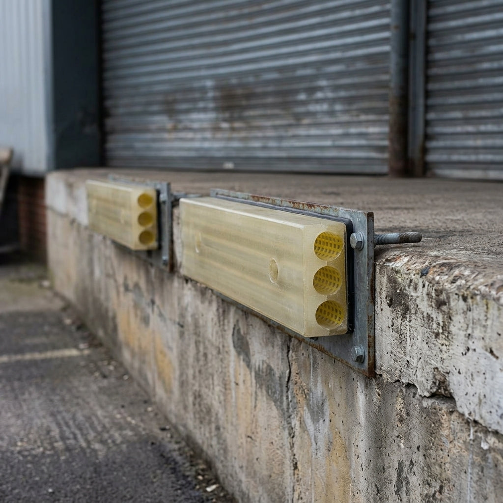 Yellow polyurethane loading dock buffers bolted along the concrete edge of a warehouse loading dock