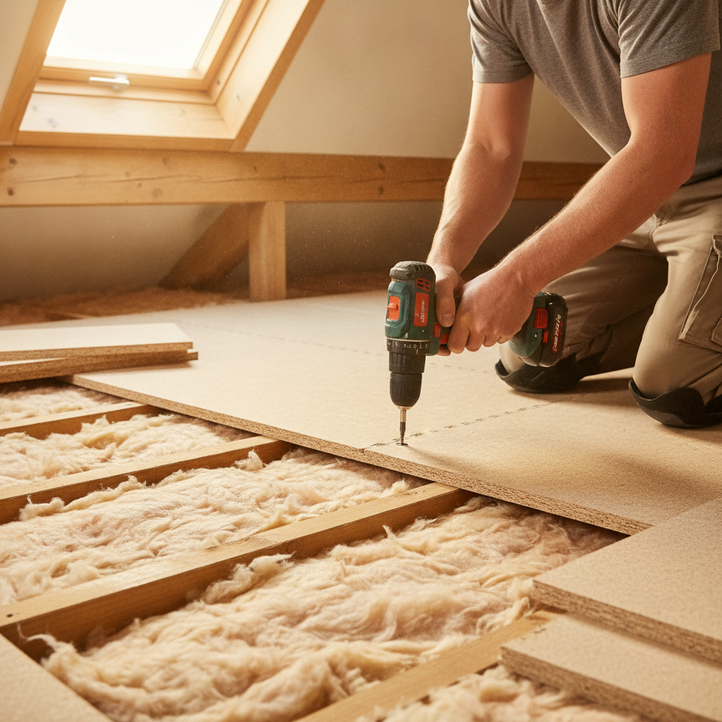 Tradesperson fitting a tongue and groove chipboard loft board over ceiling joists and loft insulation using a cordless drill, roof window in background