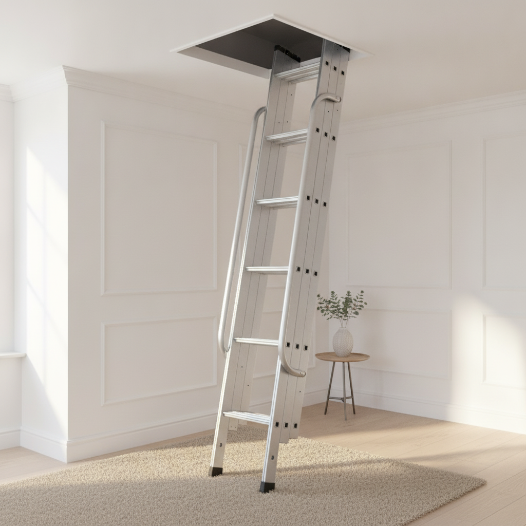 Aluminium 3-section sliding loft ladder deployed from an open loft hatch into a bright modern hallway