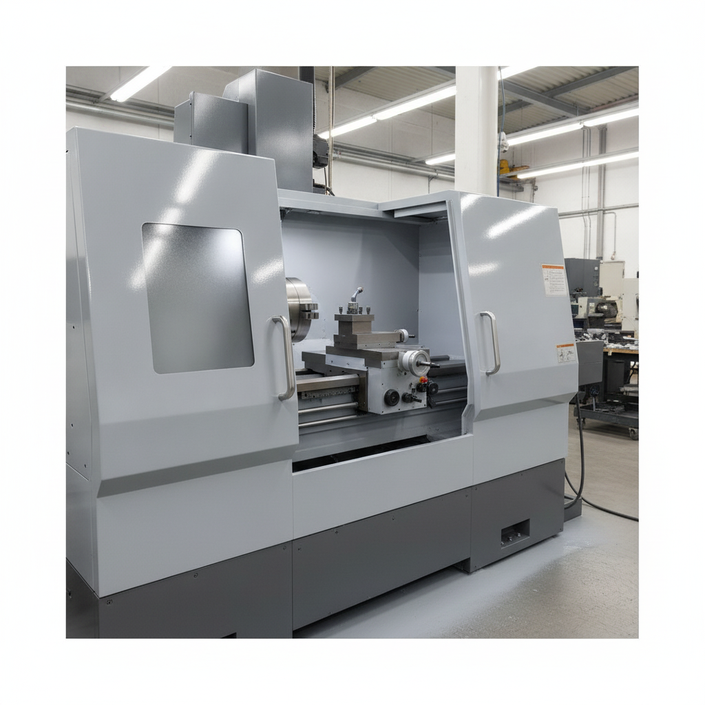 Light Grey gloss machinery enamel paint applied to a CNC lathe machine guard in a UK workshop