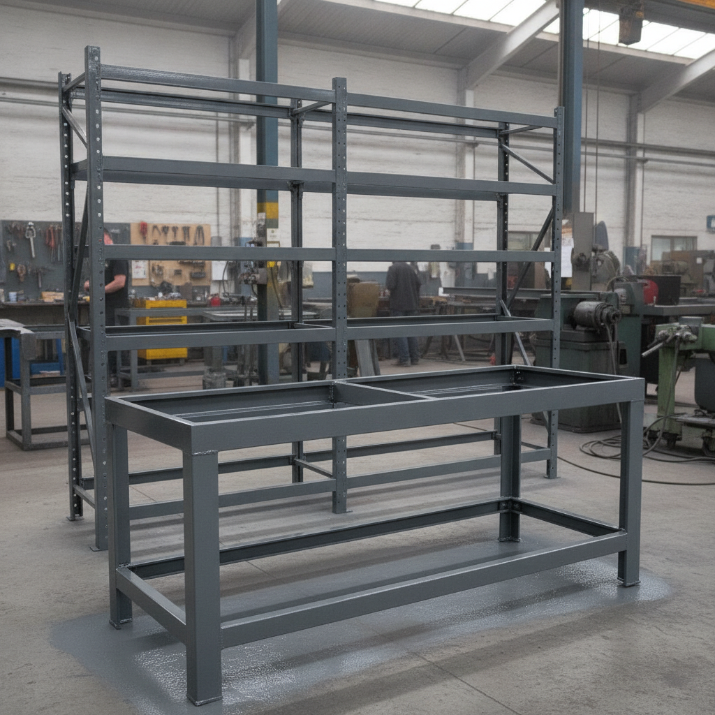 Mid Grey gloss machinery enamel paint applied to a steel workbench frame in a UK workshop
