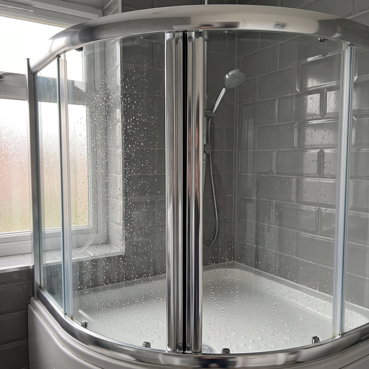 Chrome-framed curved quadrant shower enclosure over a bath, water-spotted glass doors closed, grey tiles behind
