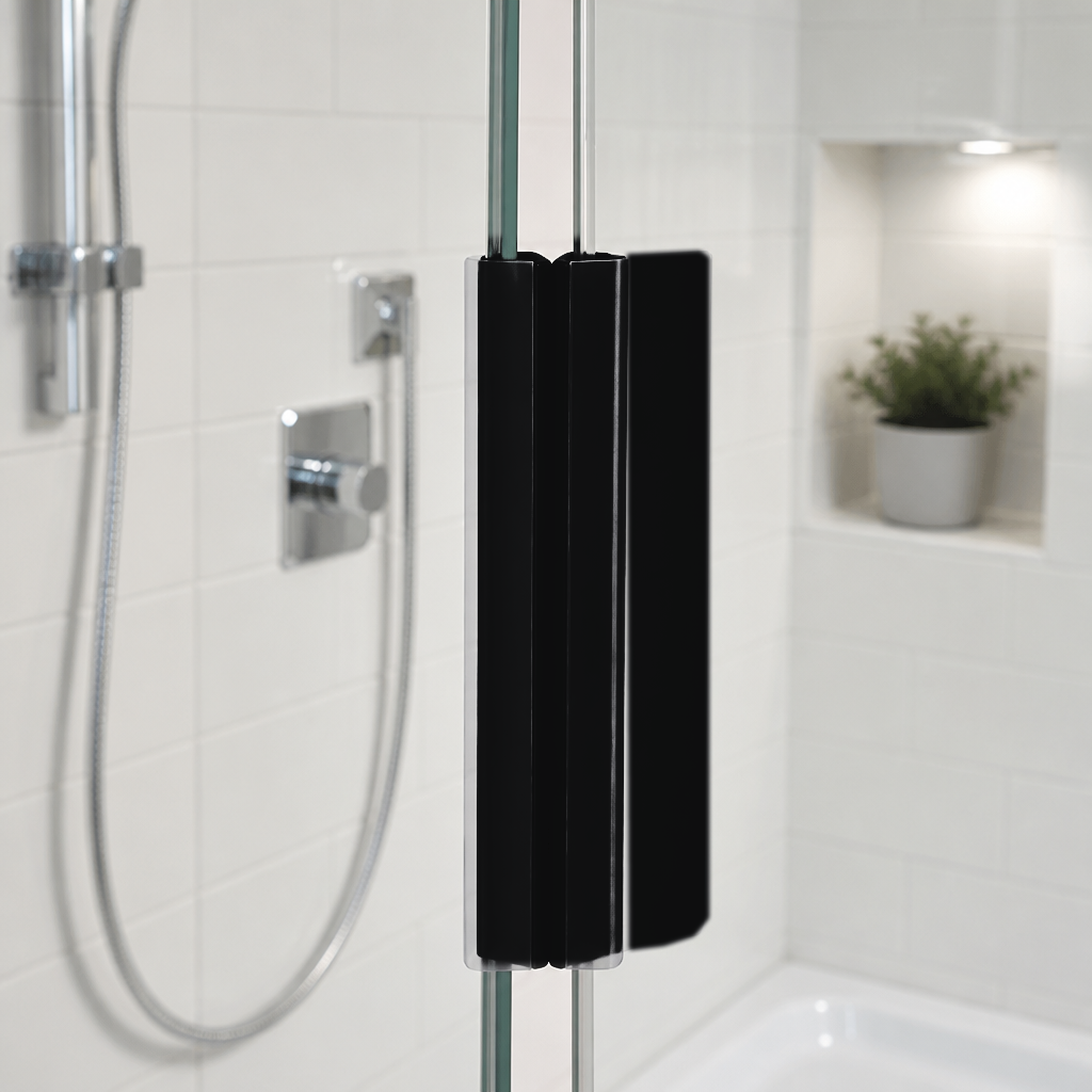 Black magnetic seal pair fitted down the vertical edge of a glass shower door, chrome riser rail and plant niche behind