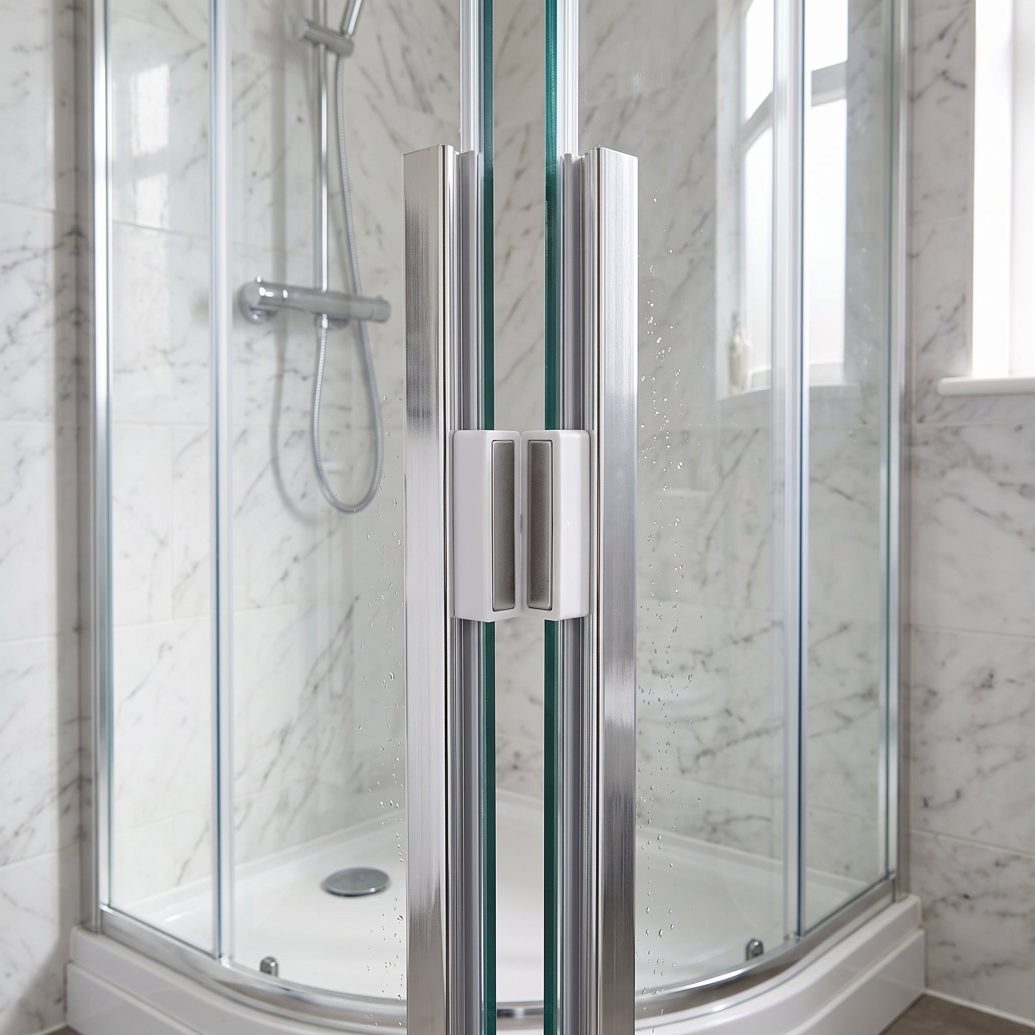 Pair of chrome magnetic seals on 8-10mm glass shower doors, white magnet housings holding the doors closed