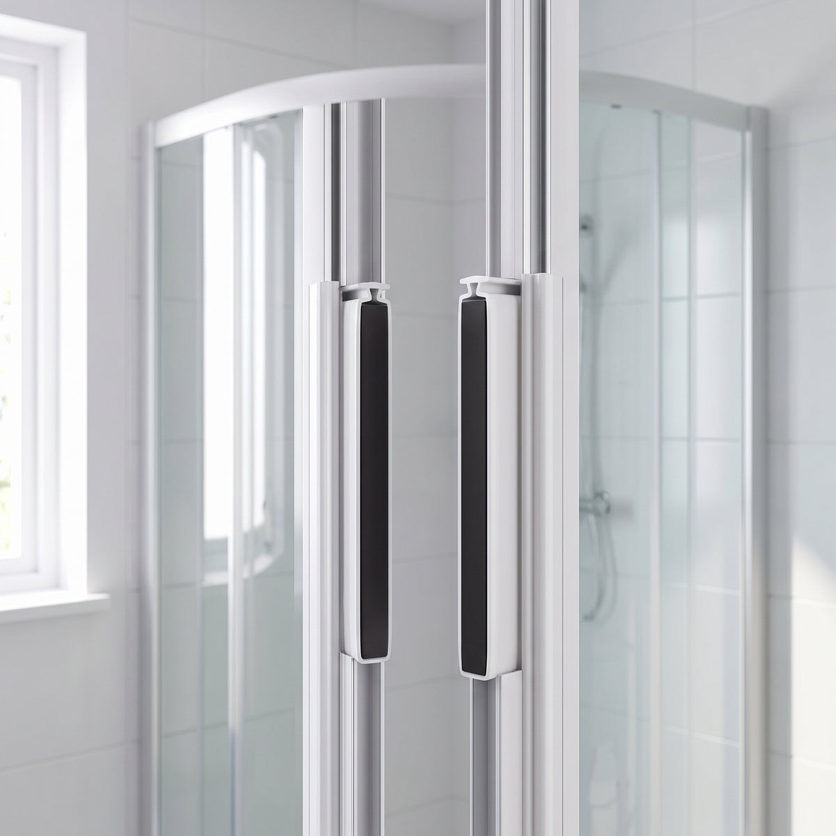 Pair of white magnetic channel seals fitted vertically on the meeting edges of a quadrant shower door