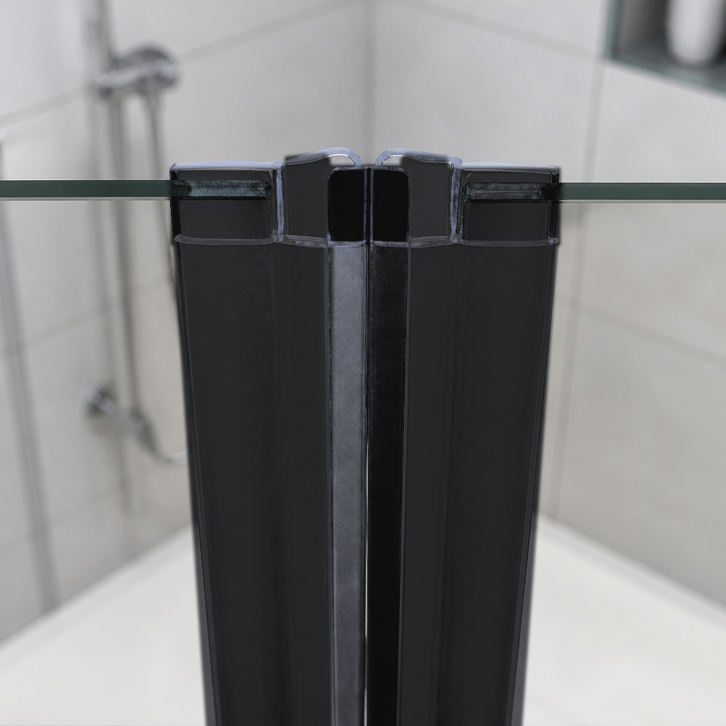 Black magnetic seal pair closing between glass panels, glass channels gripping each panel edge, grey tiles and riser rail behind
