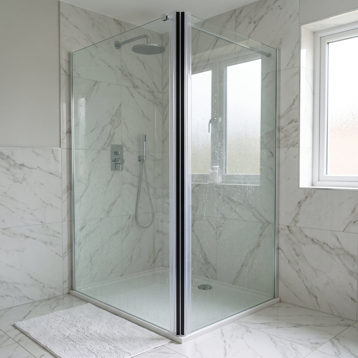 Marble-tiled shower enclosure, a dark magnetic closing line running the full height of the door edge