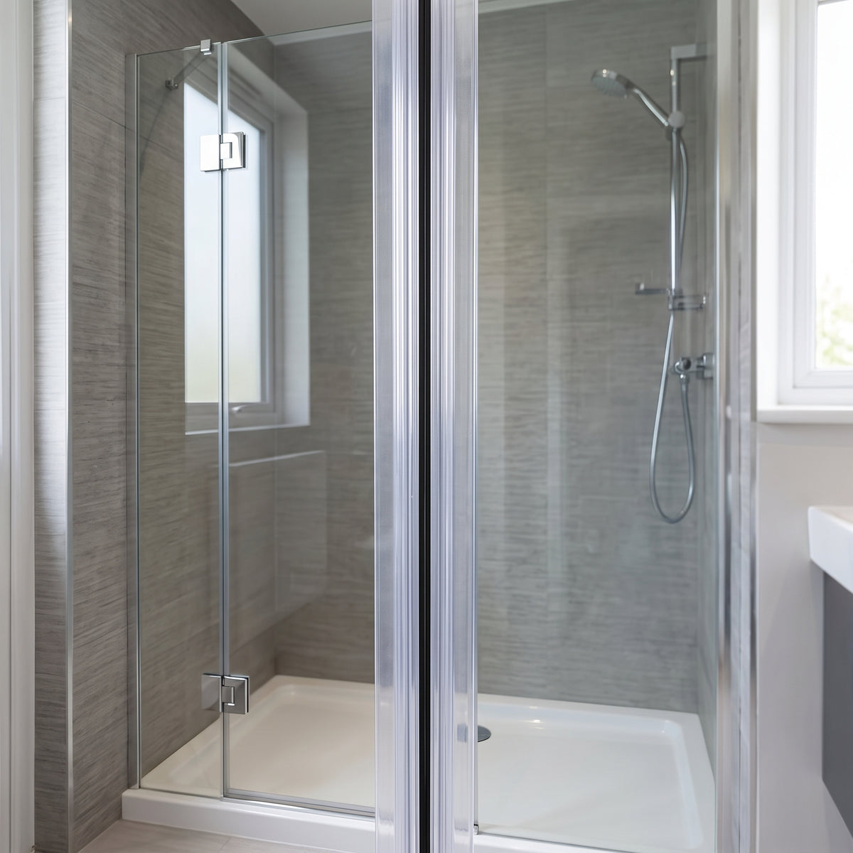 Glass shower door closed in a grey-tiled bathroom, seal not visible at this distance