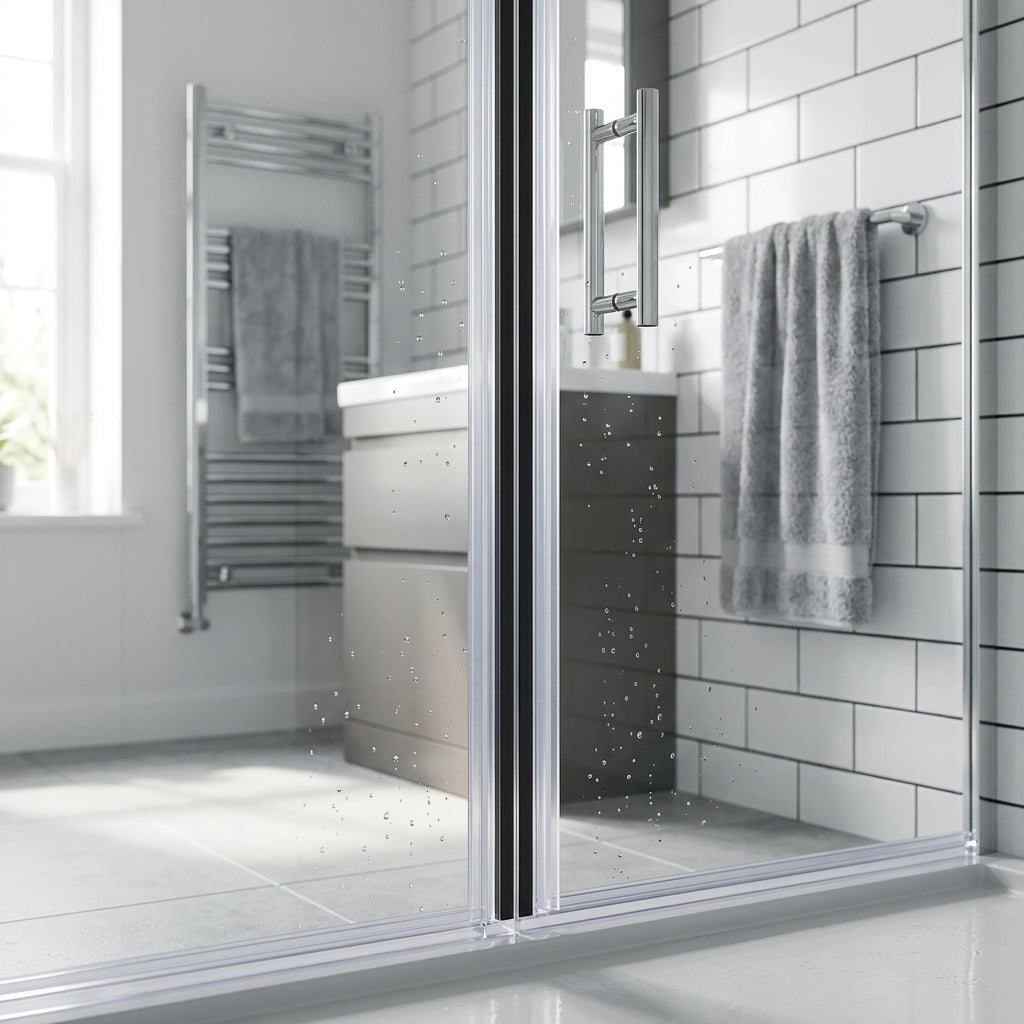 Magnetic shower door seals installed on meeting door edges - closing magnetically, tape hidden