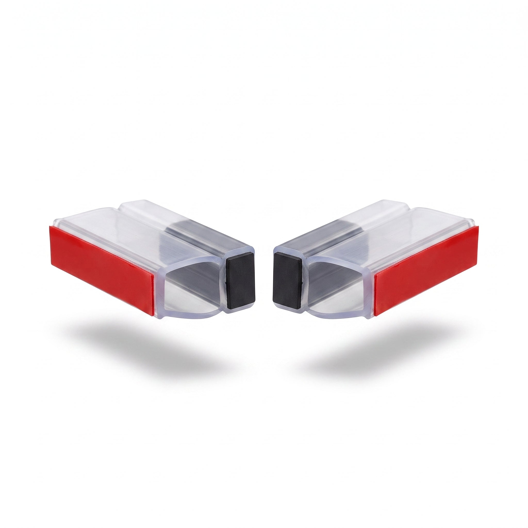 Self-adhesive magnetic shower seal pair - red 3M VHB tape liners with black magnet faces meeting