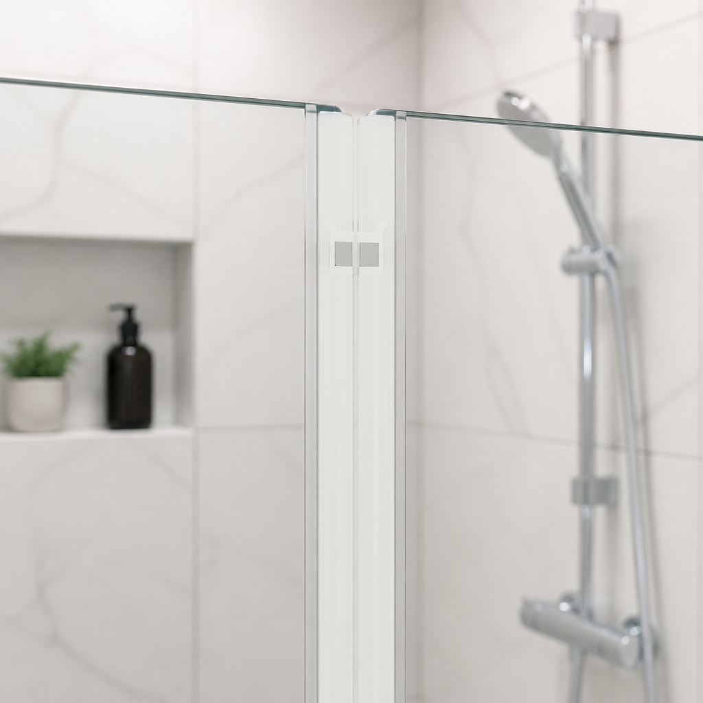 White magnetic seals closing on a vertical glass door edge, marble tiles, plant niche left, chrome riser right